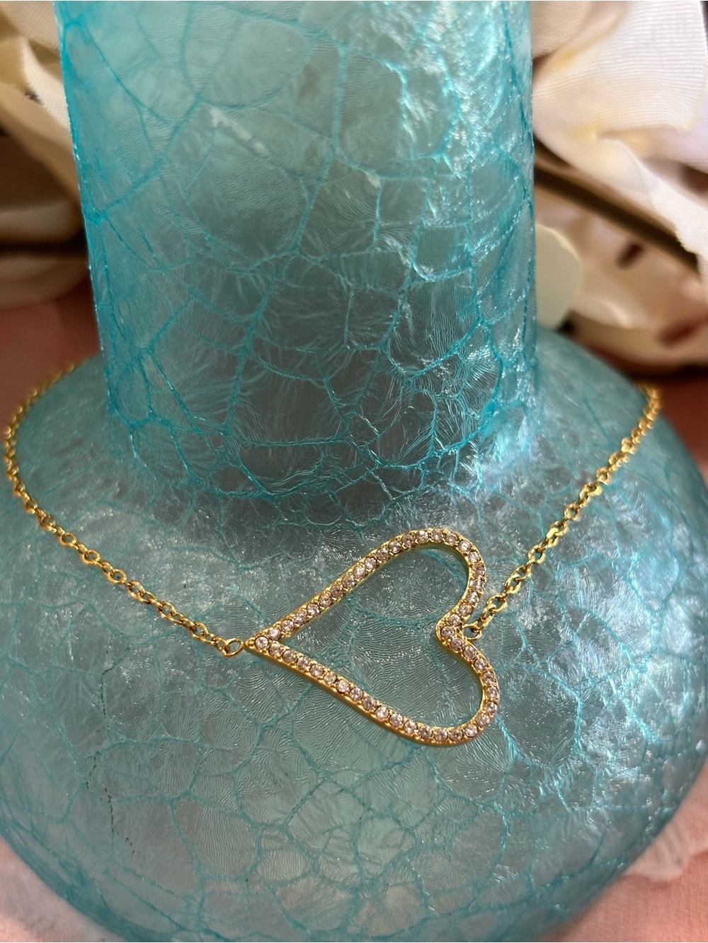 14kt Gold over stainless steel Heart Pendant bracelet with Clear Crystals